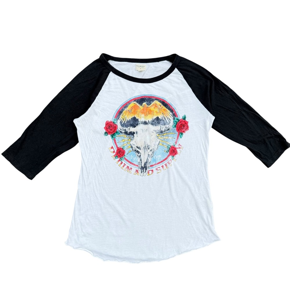Denim & Supply Ralph Lauren Graphic Tee Baseball Top Roses Skull Size Medium